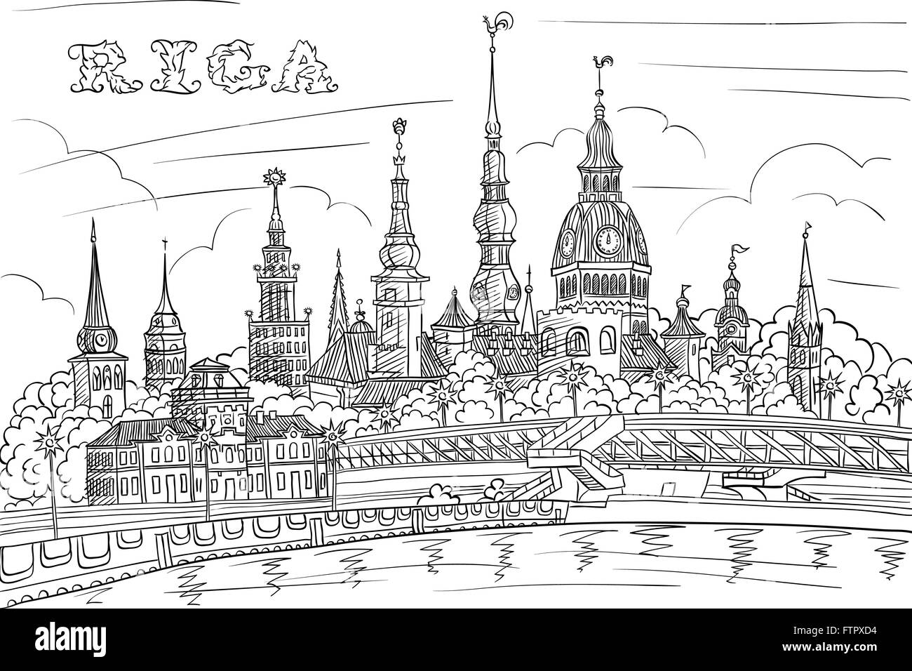 Città Vecchia e il fiume Daugava, Riga, Lettonia Illustrazione Vettoriale