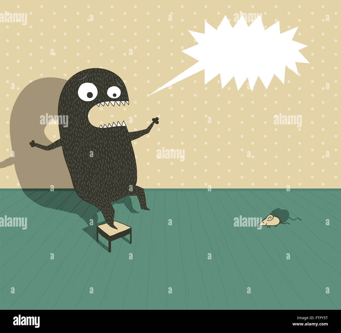 Illustrazione di un mostro divertenti su una piccola sedia urlando perché ha paura di un po' di mouse Illustrazione Vettoriale