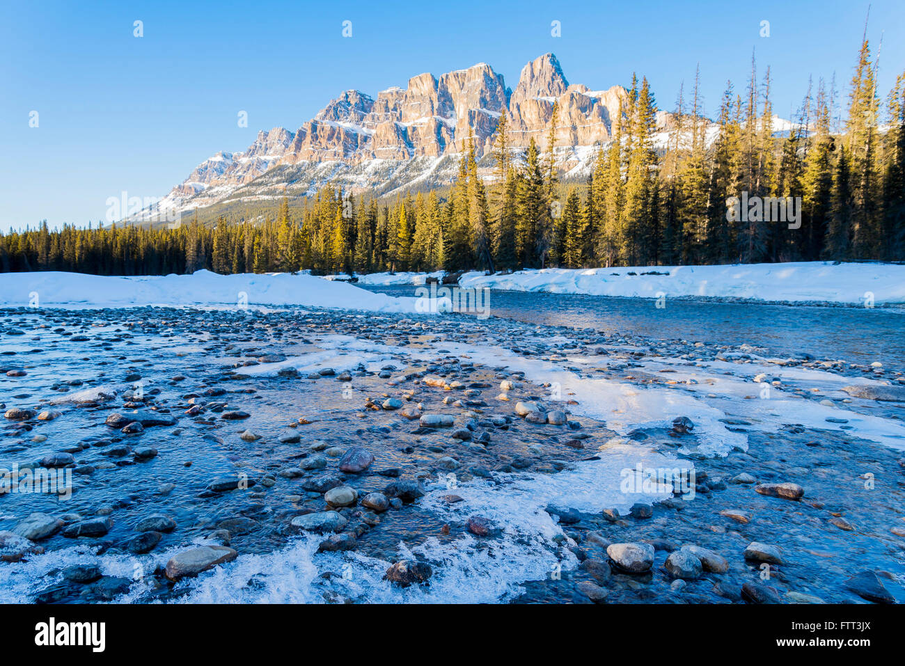Castle Mountain e il Fiume Bow in inverno, il Parco Nazionale di Banff, Alberta, Canada Foto Stock