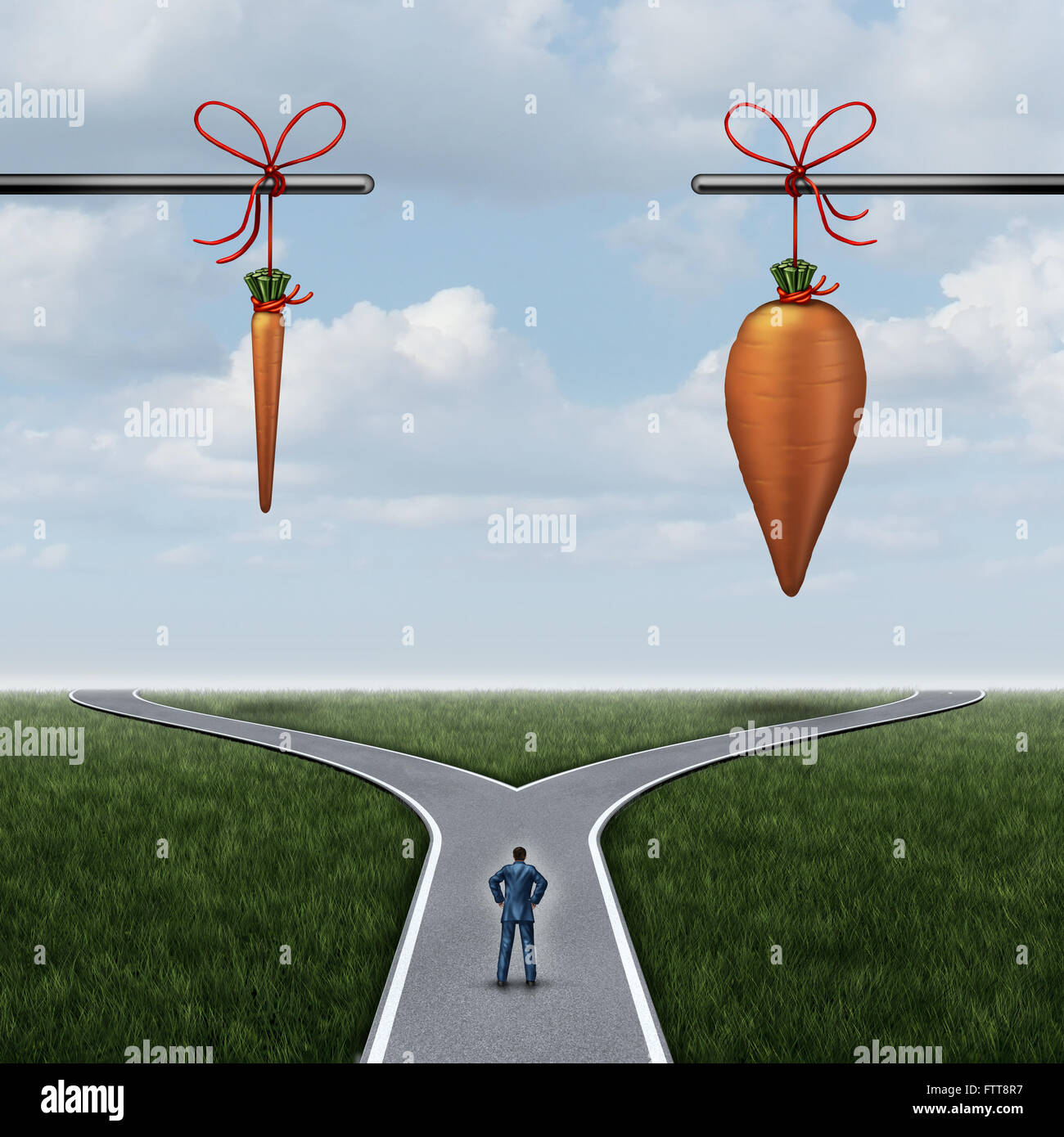 Concetto di incentivazione come il bastone e la carota metafora con un imprenditore a un incrocio con una piccola ricompensa. Foto Stock