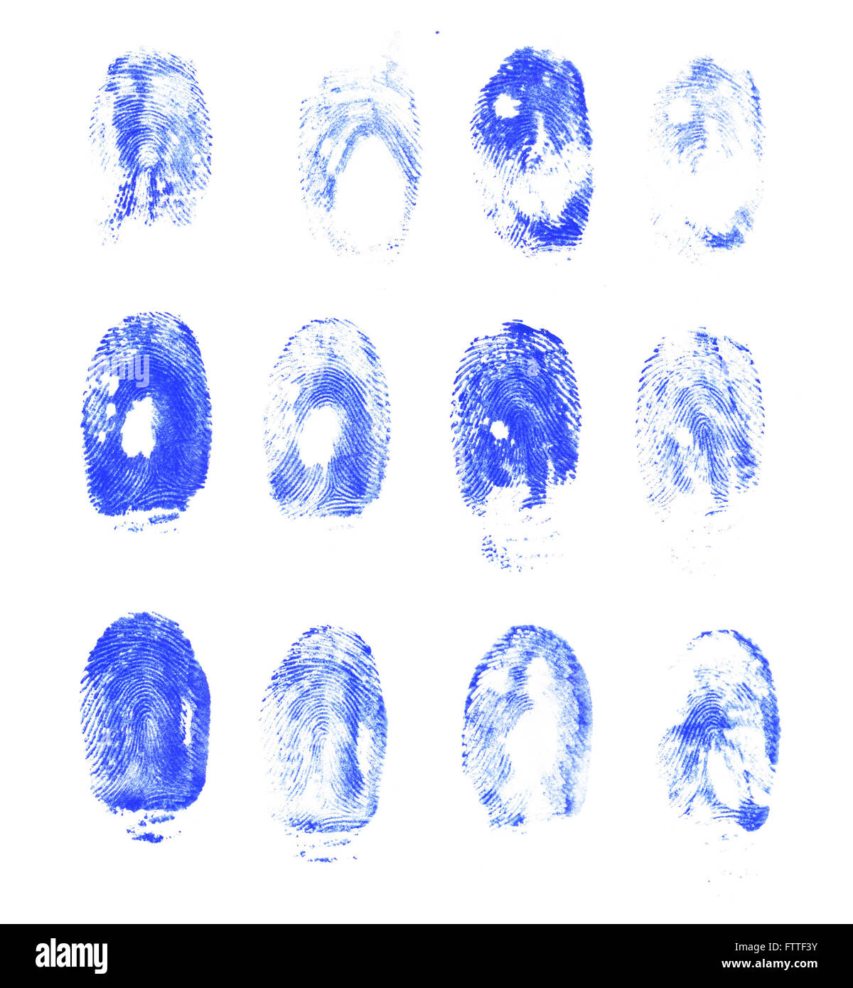 Set di blue acquerello impronte digitali isolati su sfondo bianco. Foto Stock
