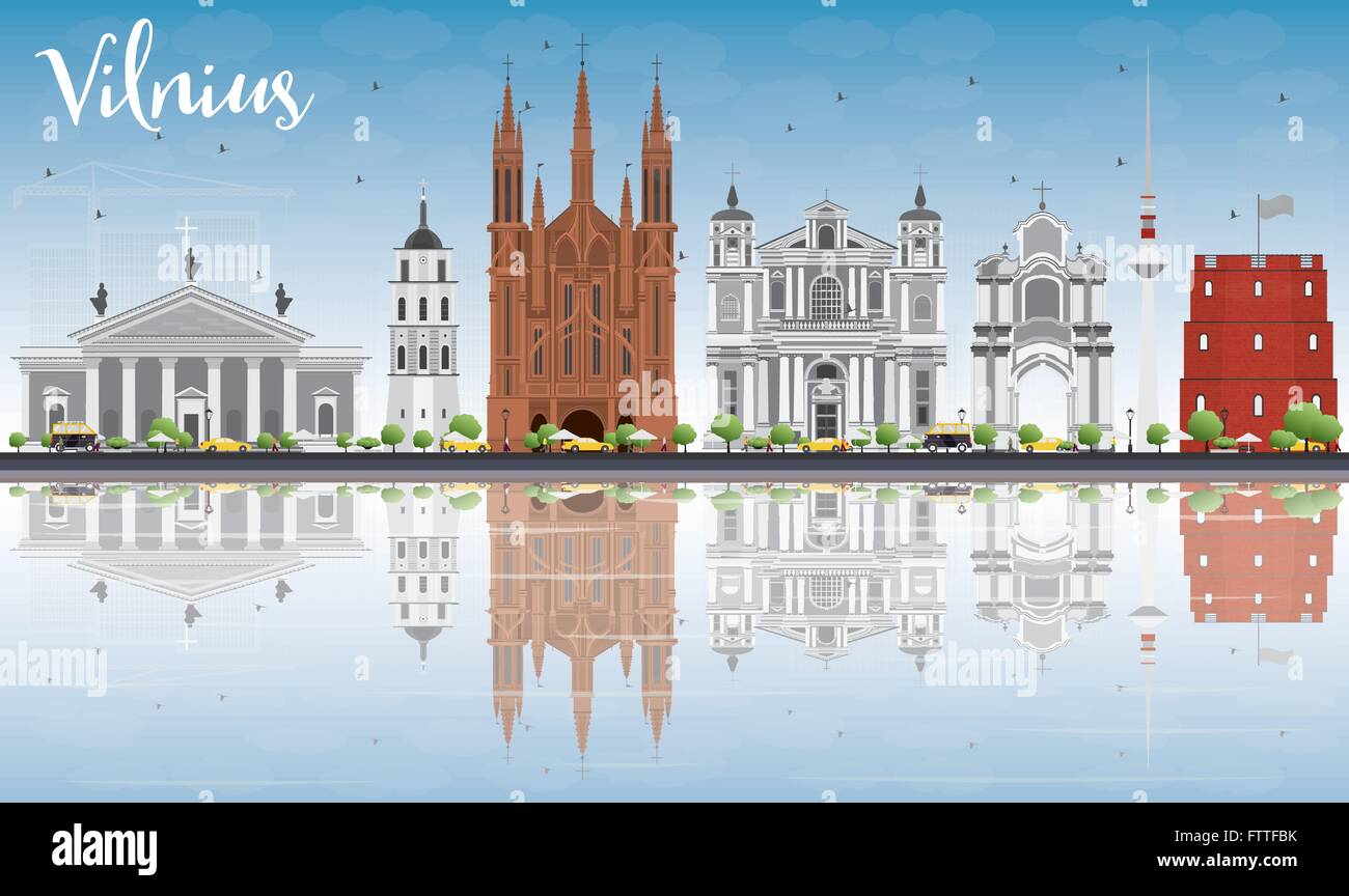 Lo Skyline di Vilnius con punti di riferimento di colore grigio, blu cielo e riflessioni. Illustrazione Vettoriale. Viaggi di affari e turismo Concept Illustrazione Vettoriale