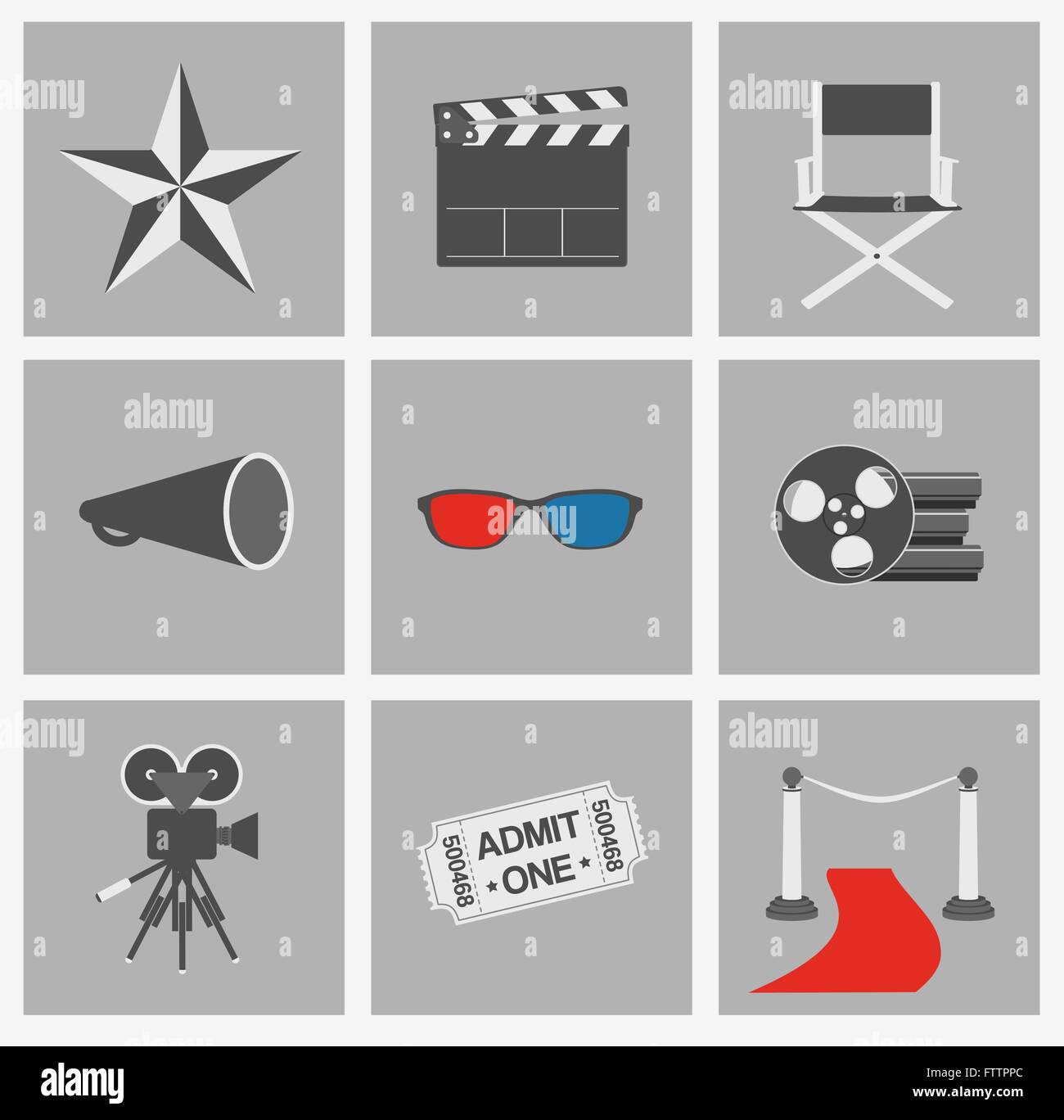Filmato icone vettoriali set. Cinema design piatto elementi su uno sfondo grigio Illustrazione Vettoriale
