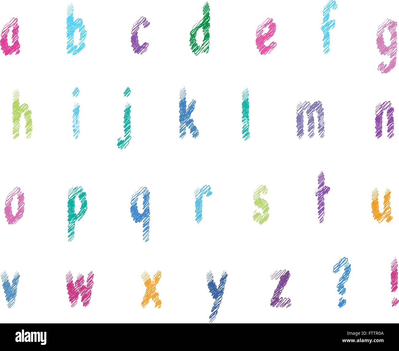 Set alfabeto con finitura spazzolata scribble effetto sul bianco. Lettere minuscole. vettore Illustrazione Vettoriale
