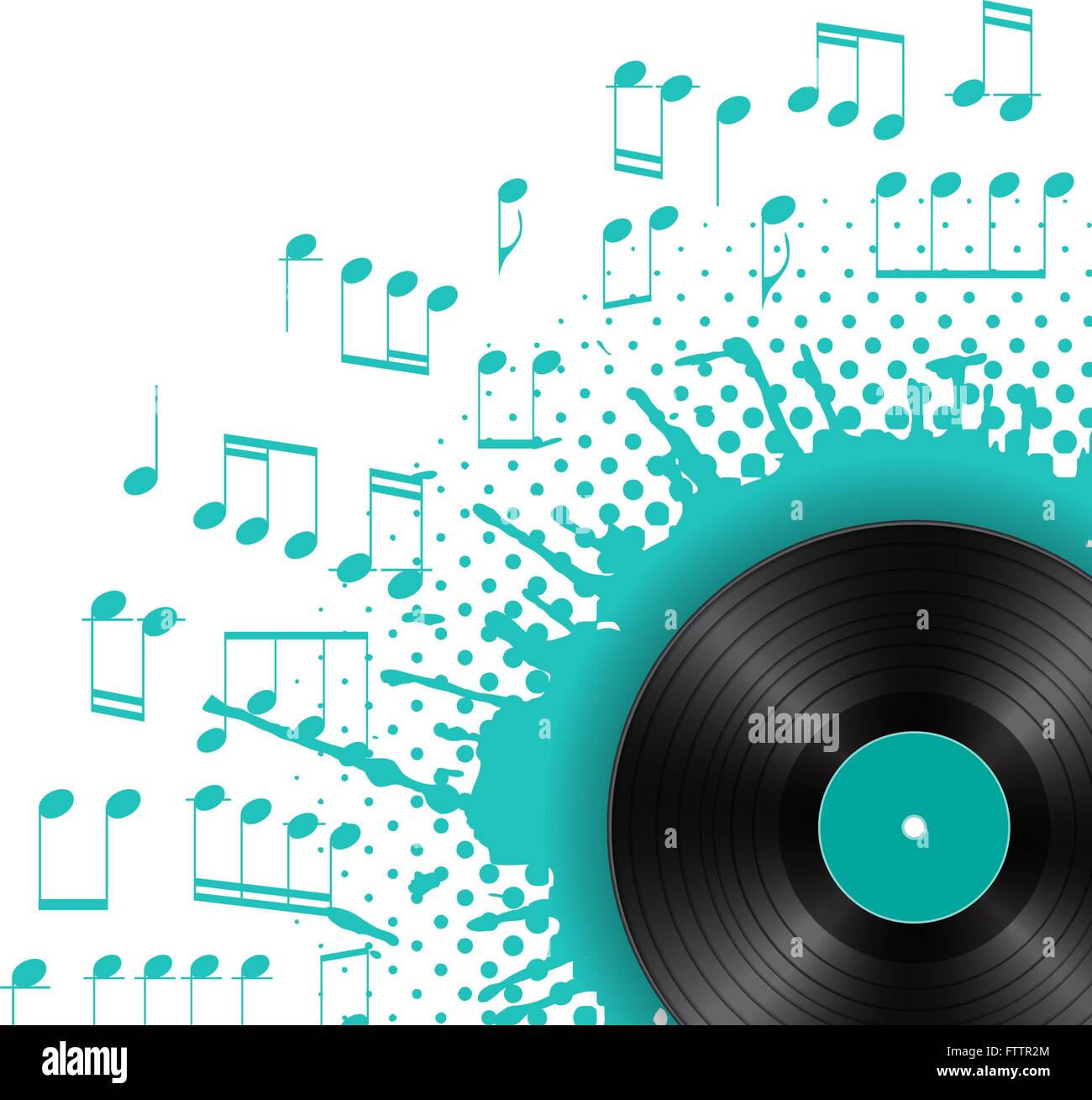 Disco in vinile con spruzzi di colore con note musicali su sfondo bianco. Audio design astratto modello con blue blot. Vettore Illustrazione Vettoriale