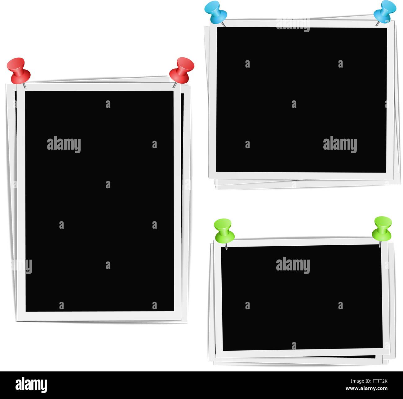 Cornici fotografiche di composizione con le puntine su sfondo bianco. Vettore del modello di progettazione Illustrazione Vettoriale
