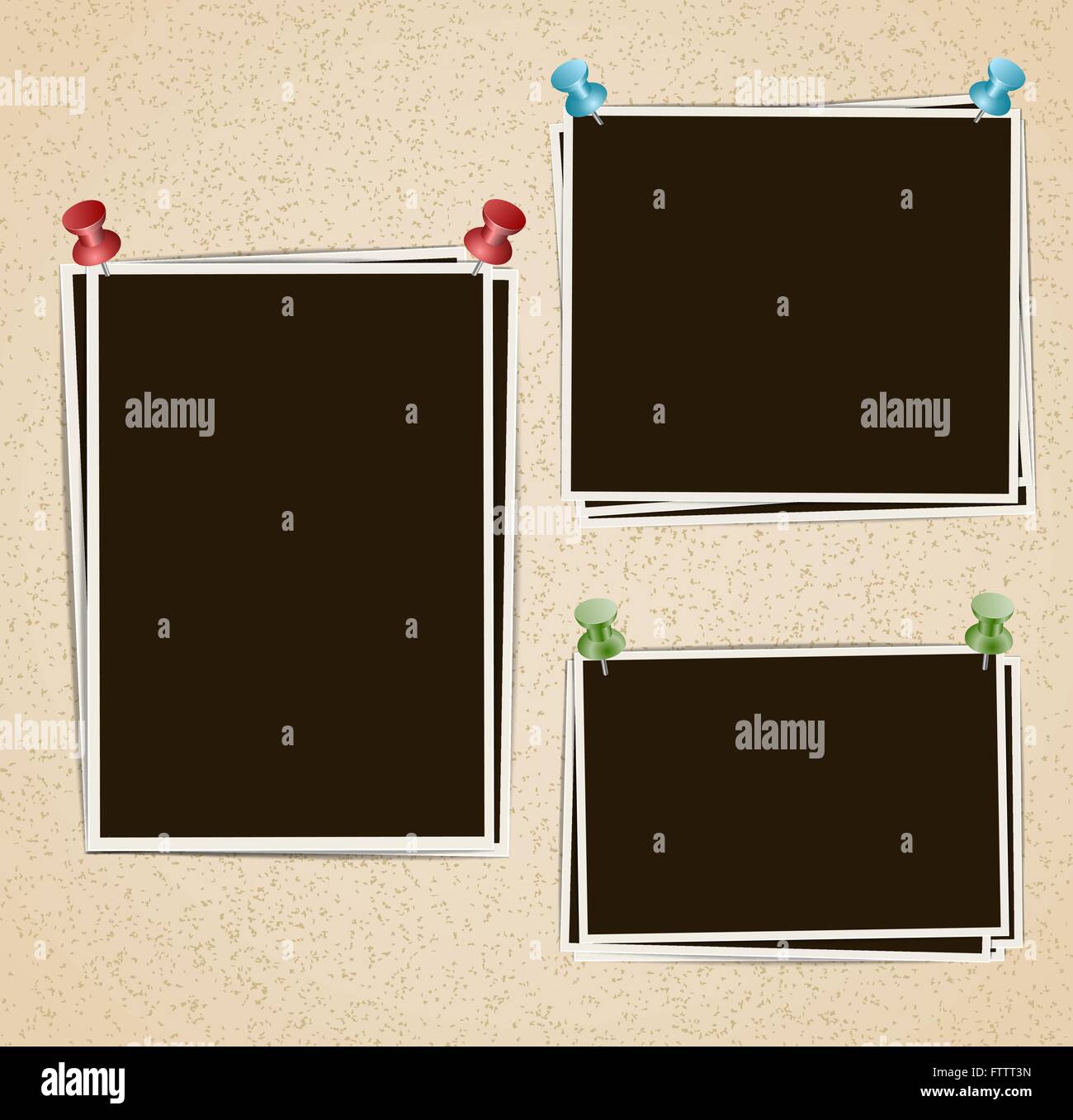 Cornici fotografiche di composizione con le puntine su sfondo rétro. Vettore del modello di progettazione Illustrazione Vettoriale