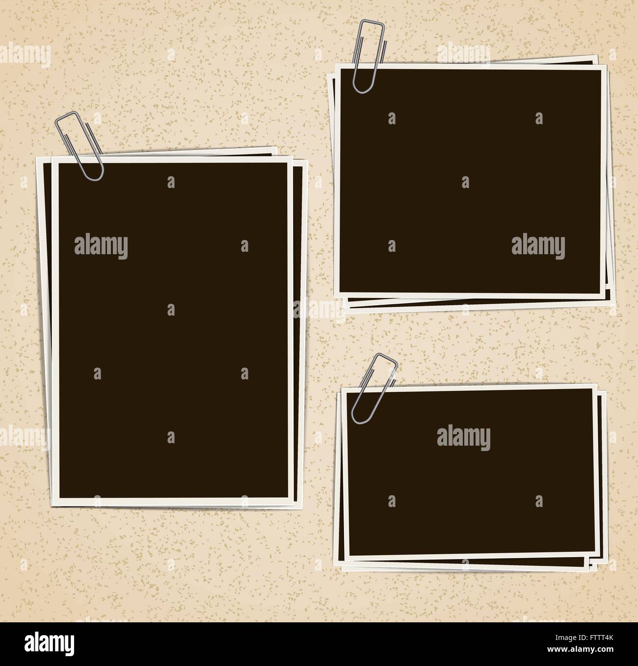 Cornici fotografiche di composizione con clip sul retro dello sfondo. Vettore del modello di progettazione Illustrazione Vettoriale