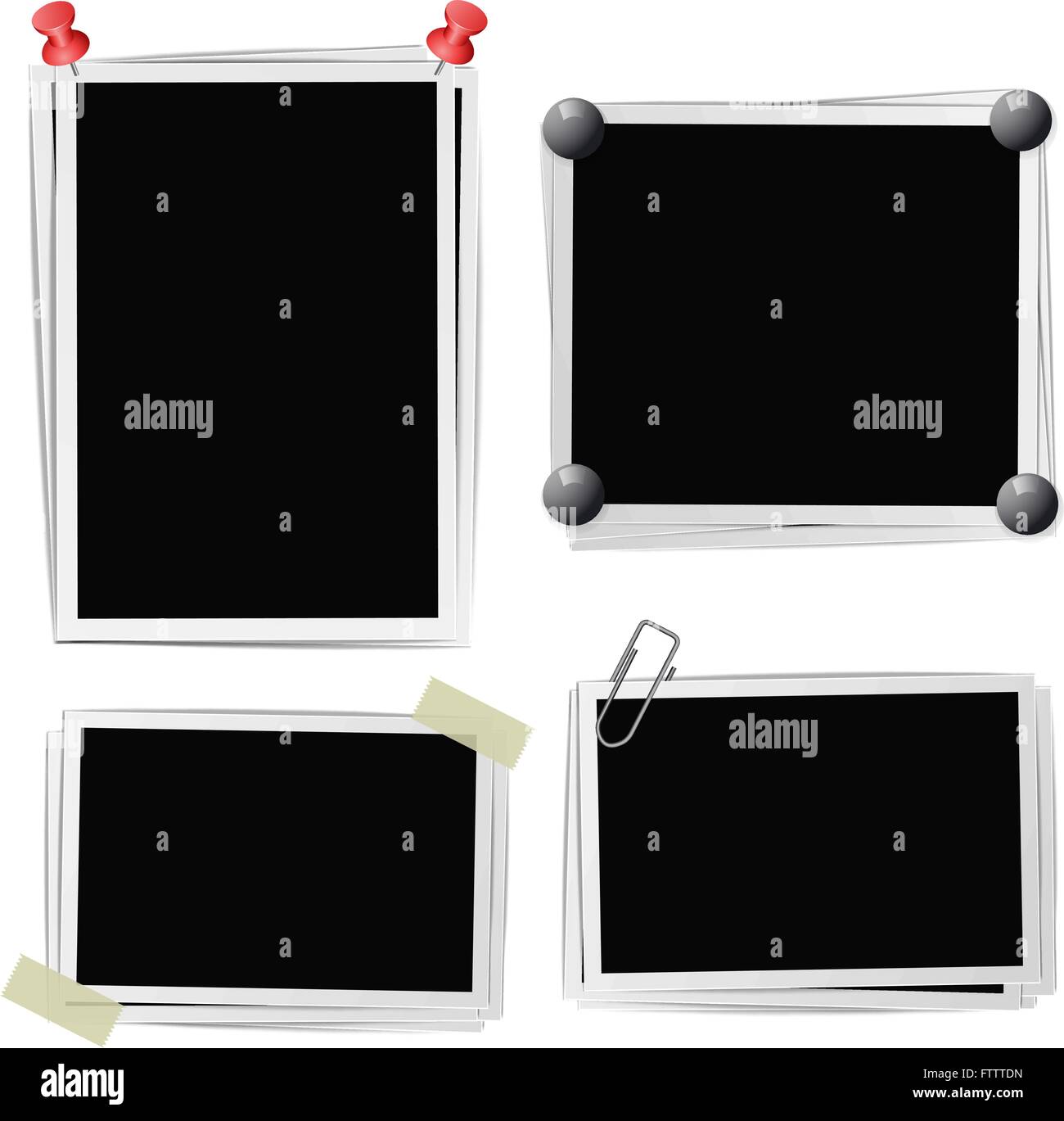 Set di cornici fotografiche con perni, puntine, nastro adesivo, fermi sul bianco. Illustrazione Vettoriale Illustrazione Vettoriale