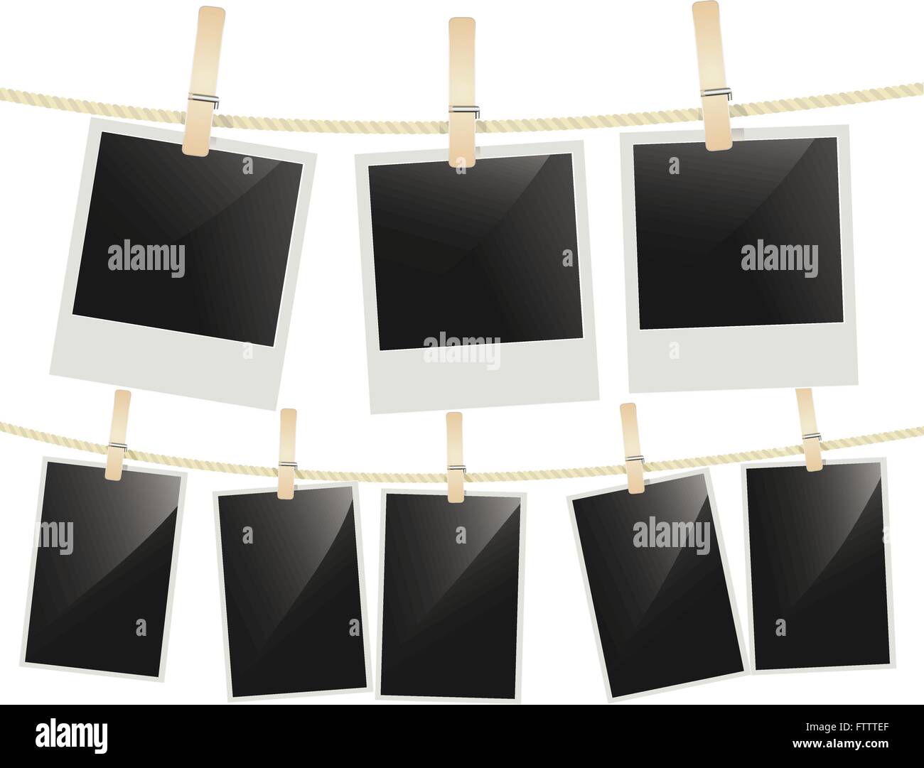 Cornici fotografiche su pensile con stendibiancheria clothespins su bianco. Blank retrò cornici fotografiche. vettore Illustrazione Vettoriale