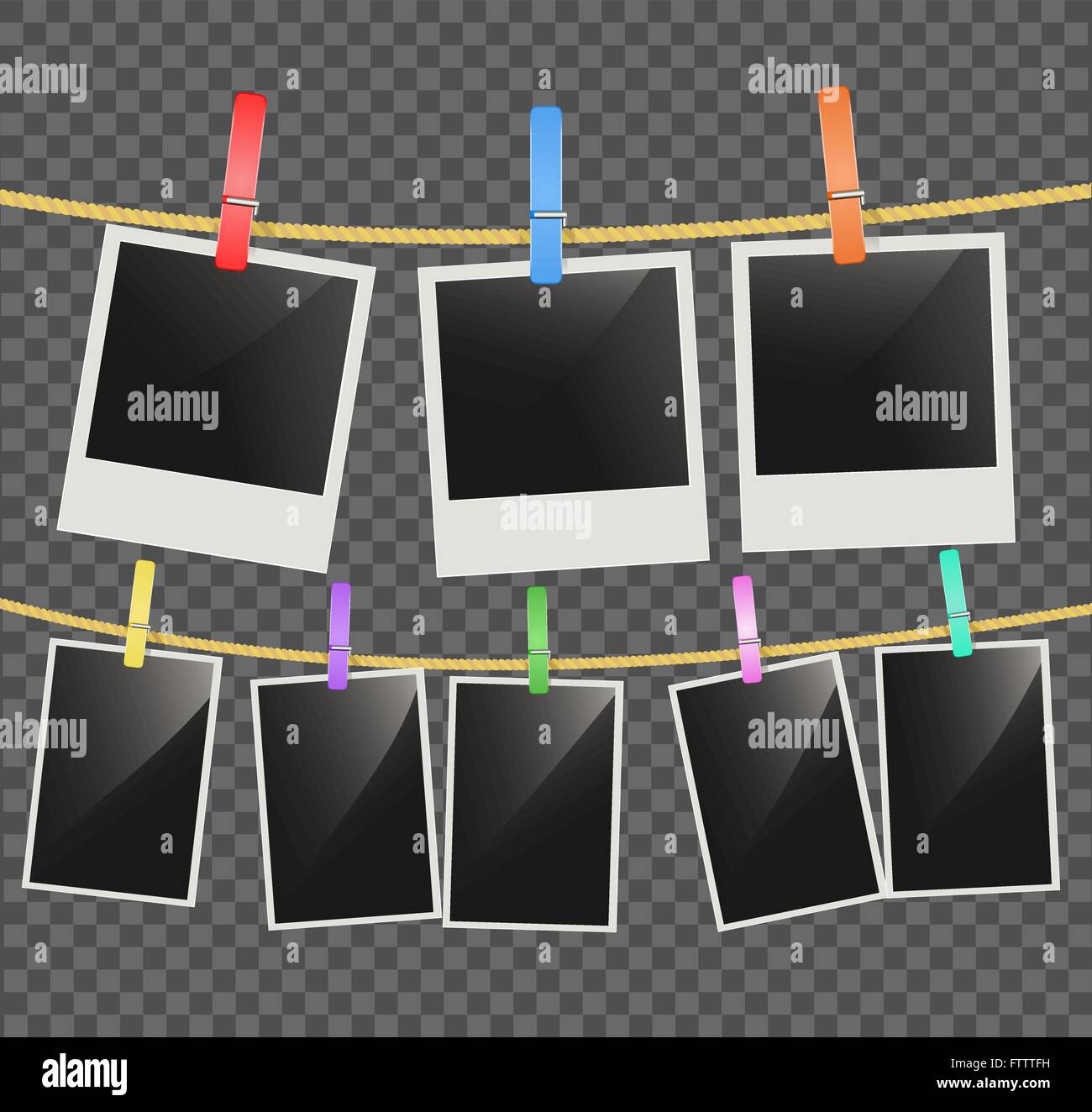 Photo Frame vuoti sulla fune con clothespins in legno su sfondo trasparente. vettore Illustrazione Vettoriale