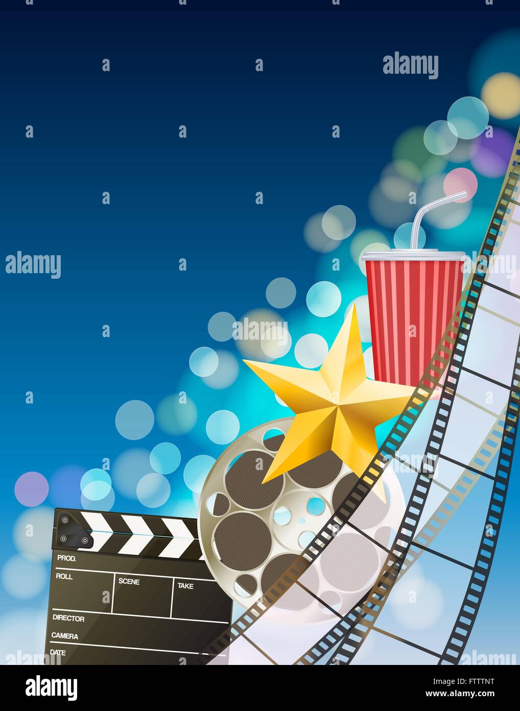 Cinema con sfondo filmina golden star, coppa, clapperboard sfocata su sfondo blu. vettore Illustrazione Vettoriale