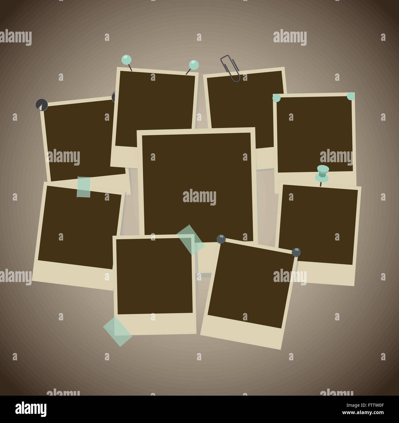 Insieme di antiche cornici fotografiche con perni, puntine, nastro adesivo, clip. illustrazione vettoriale Illustrazione Vettoriale