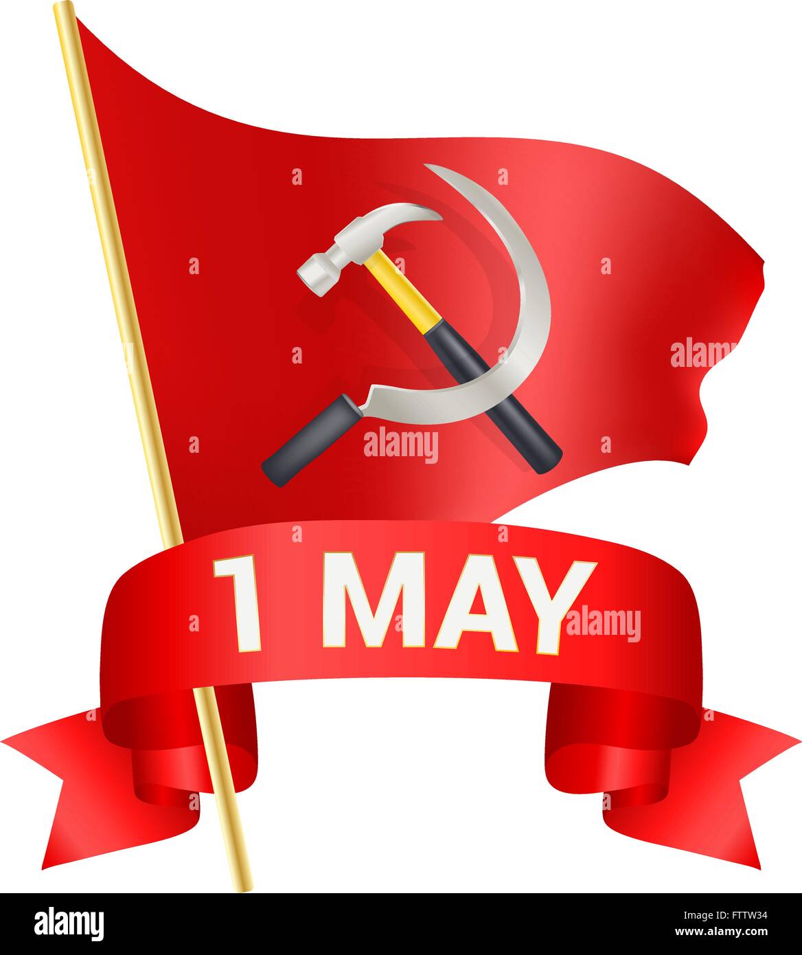 1° giorno di maggio saluto illustrazione con bandiera rossa, a falce e martello e una prua con il testo. La giornata del lavoro saluto, operaio internazionale Illustrazione Vettoriale
