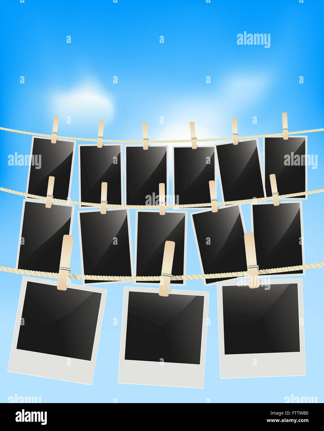 Cornici fotografiche su pensile con stendibiancheria clothespins sul cielo azzurro sfondo . Blank retrò cornici fotografiche. vettore Illustrazione Vettoriale