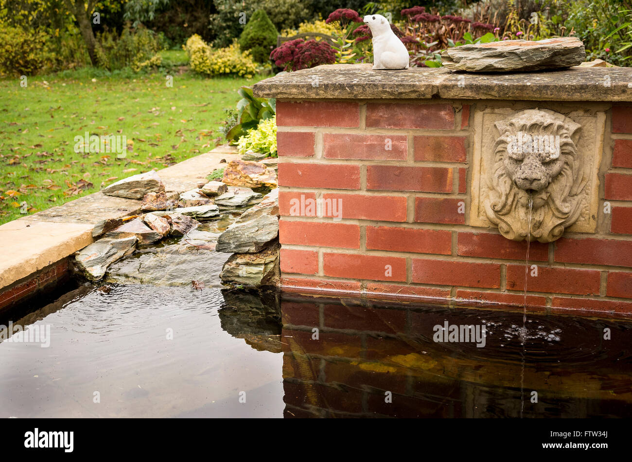 Overflow bloccati portando ad elevati livelli di acqua in un piccolo giardino ornamentale piscina Foto Stock