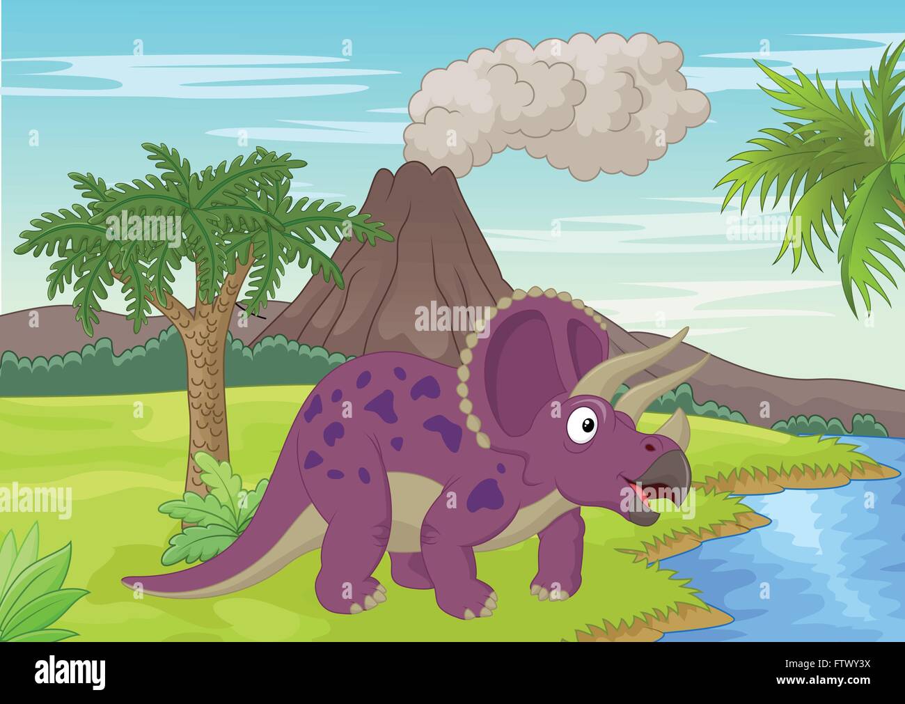 Scena preistorico con triceratops cartoon Illustrazione Vettoriale