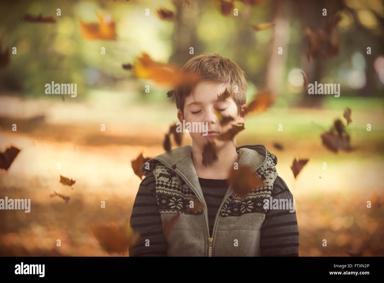 Ragazzo che sta nel parco con foglie di autunno cadere, Bulgaria Foto Stock