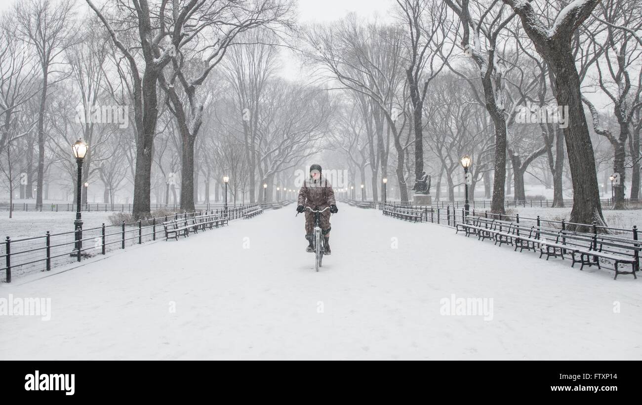 Donna che pedalava attraverso la neve a Central Park, Manhattan, New York, Stati Uniti Foto Stock
