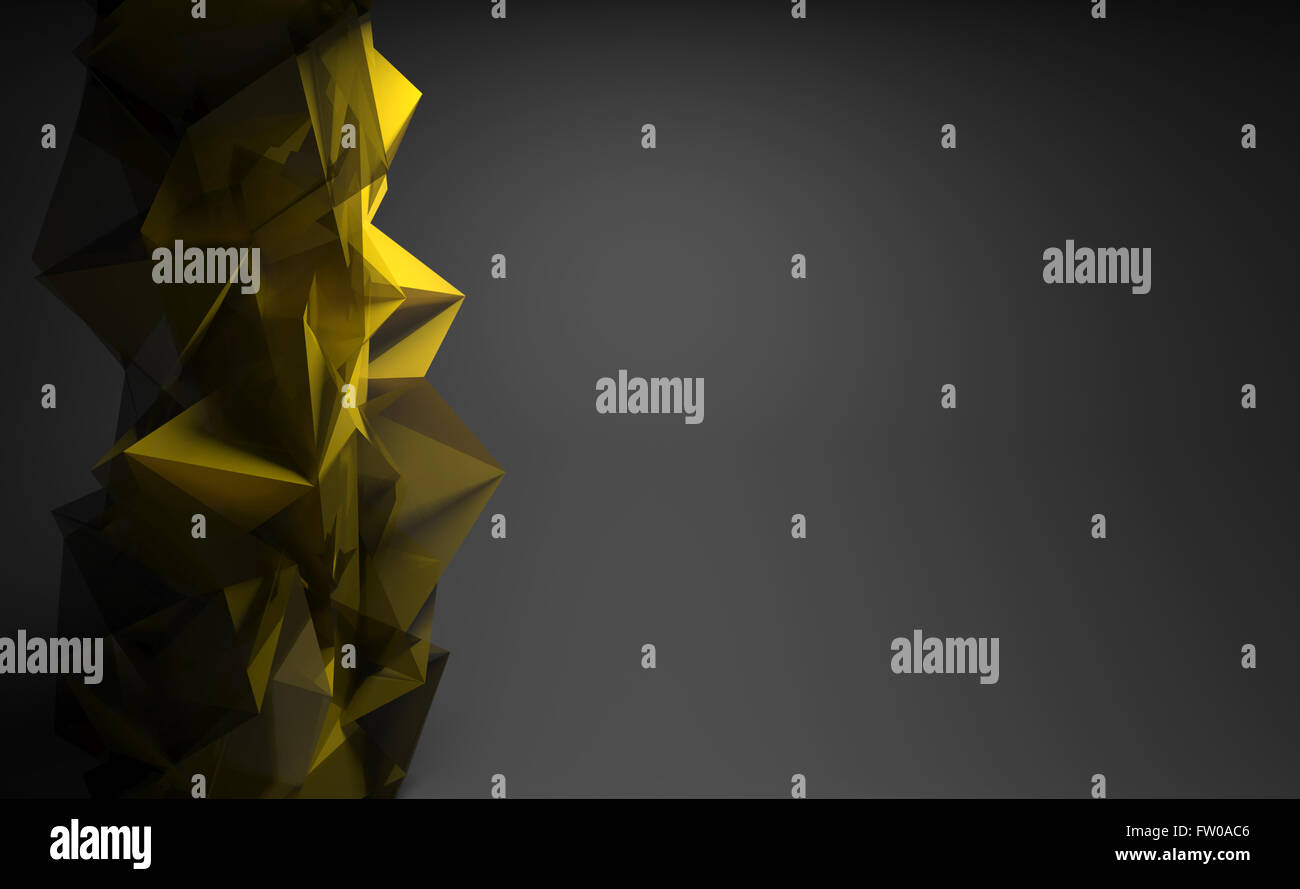 Abstract sfondo digitale, giallo caotica struttura poligonale su muro nero, 3D Rendering immagine Foto Stock