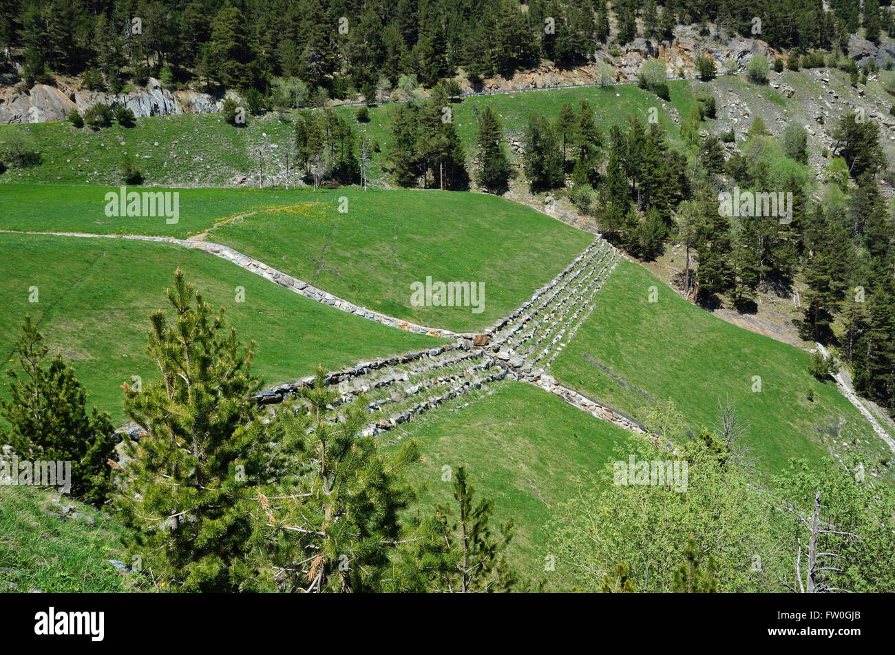 Prateria verde con un solco di pietra e una barriera multilivello su un rafforzamento del pendio di montagna nelle montagne di Andorra. Foto Stock