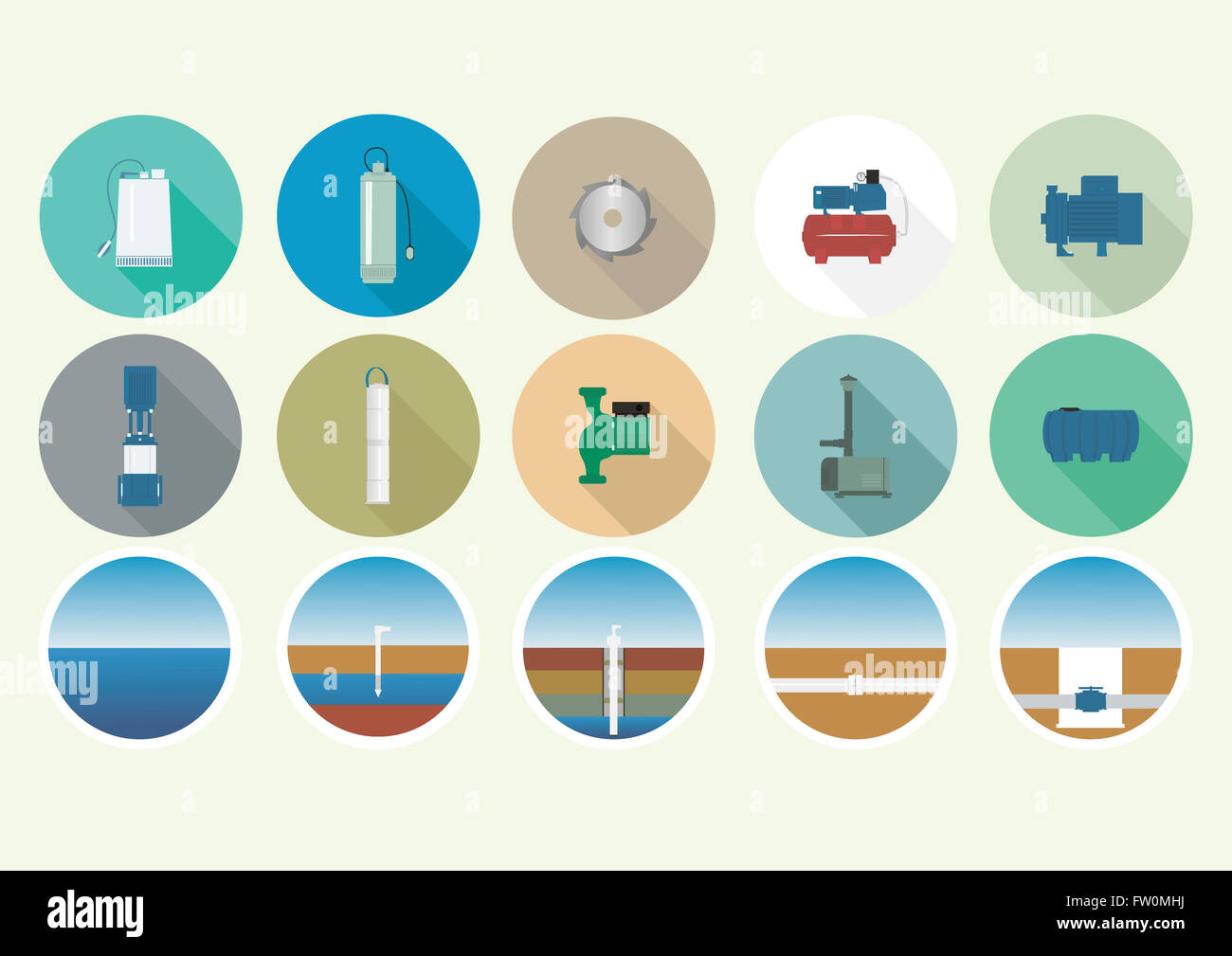 Set di icone con la pompa attrezzatura. Foto Stock