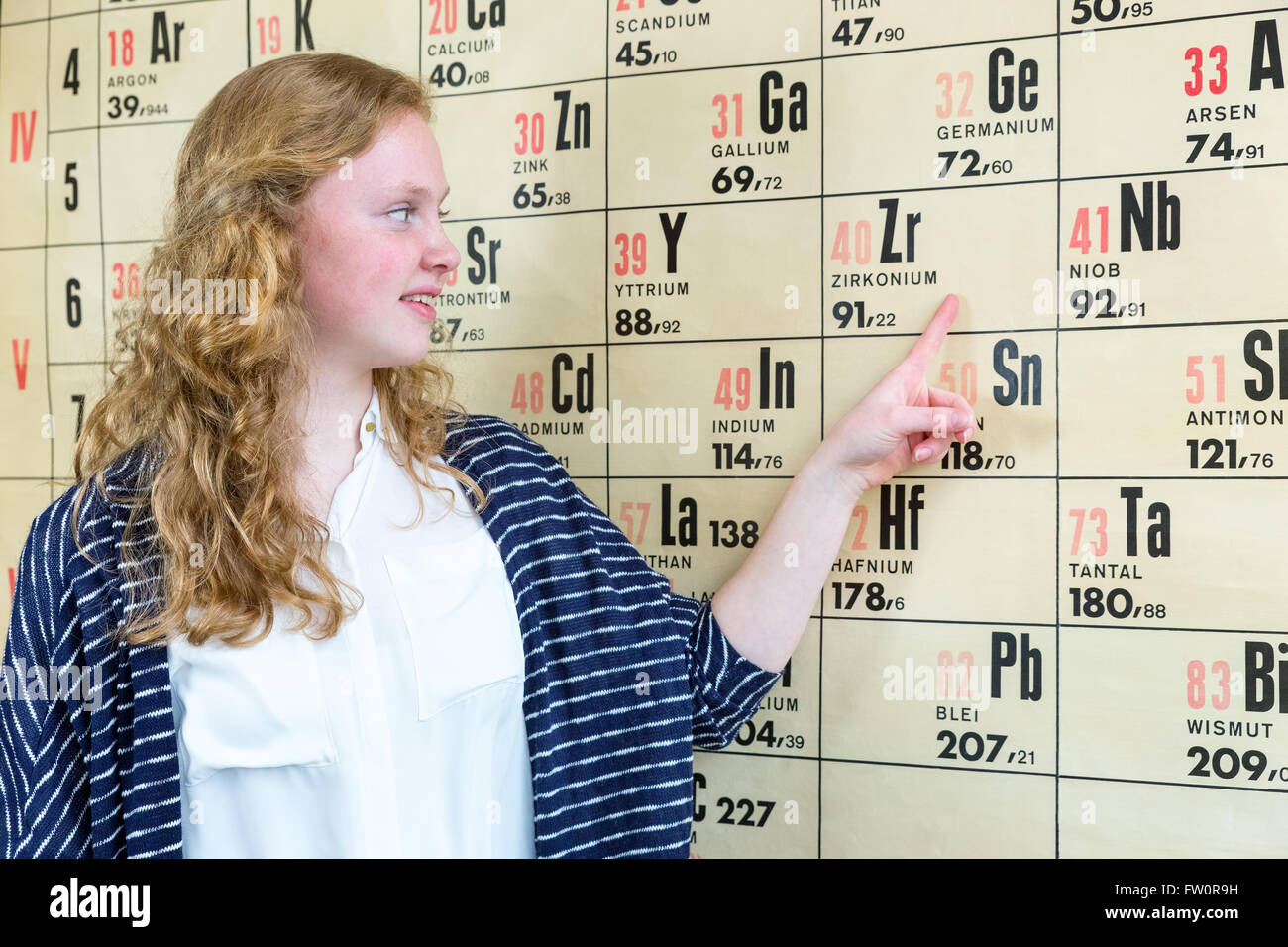 Europeo femminile scolaro puntando al poster con tavola periodica nella lezione di Chimica Foto Stock