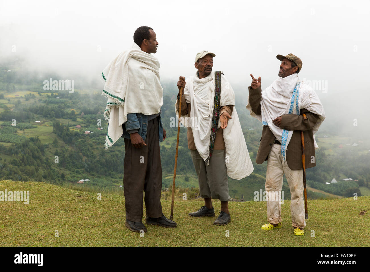 Villaggio Gibi Gurage, Etiopia, Ottobre 2013 da sinistra a destra, Feleke Melka, 42, Feleke Bodas, 75, Getachew Tiba, 50, per chattare. Foto Stock