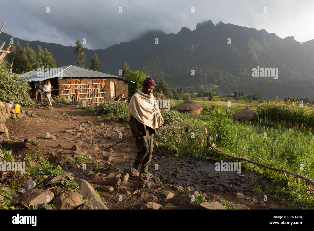 Villaggio Mescha, Nord Shewa, Etiopia, Ottobre 2013: La vita quotidiana nel villaggio di buon mattino. Foto Stock