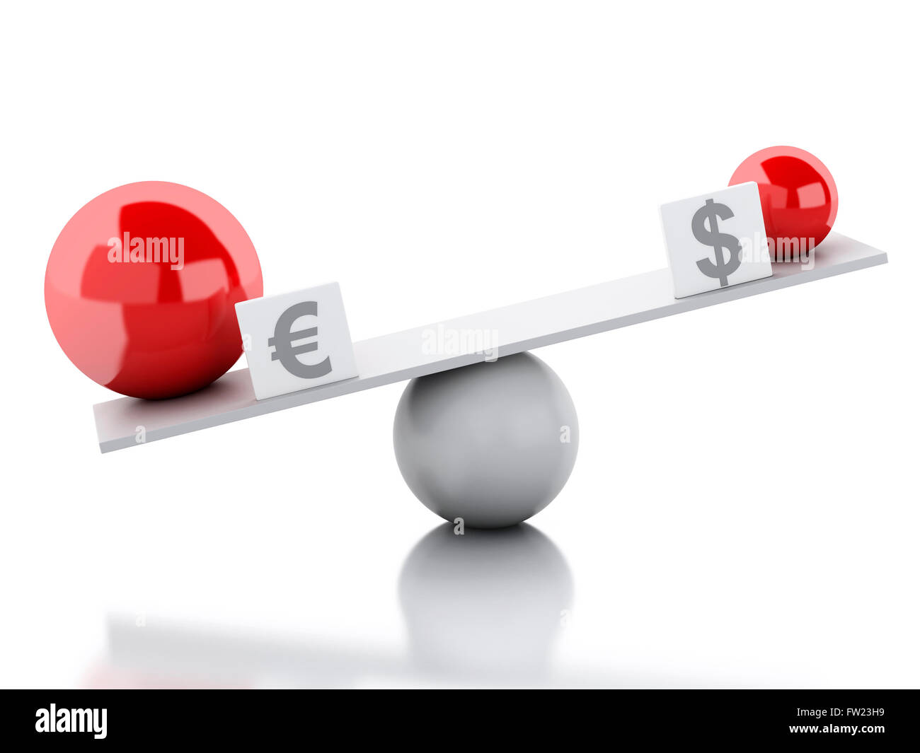 3D'illustrazione. Altalena equilibrio tra euro e dollaro. Il concetto di business. Isolato sullo sfondo bianco. Foto Stock