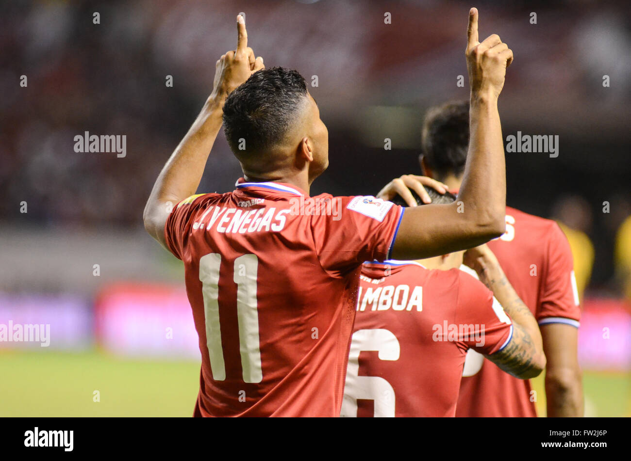 Johan Venegas festeggia dopo aver segnato il terzo obiettivo. Coppa del Mondo FIFA™ qualificazioni. Il gioco tra Costa Rica e Giamaica National Foto Stock