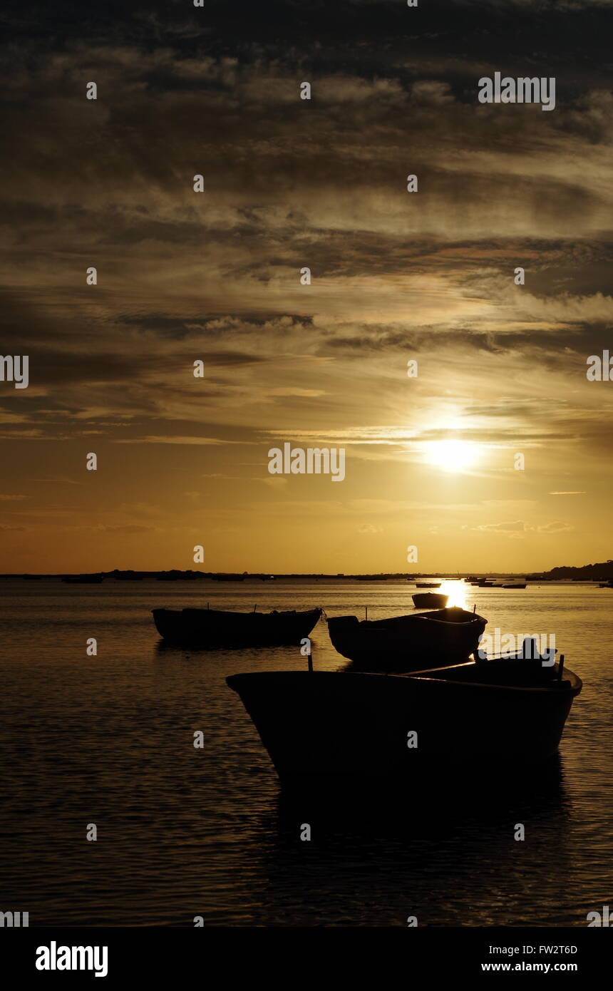 Barche da pesca in cacela velha durante il tramonto. Algarve Portogallo Foto Stock