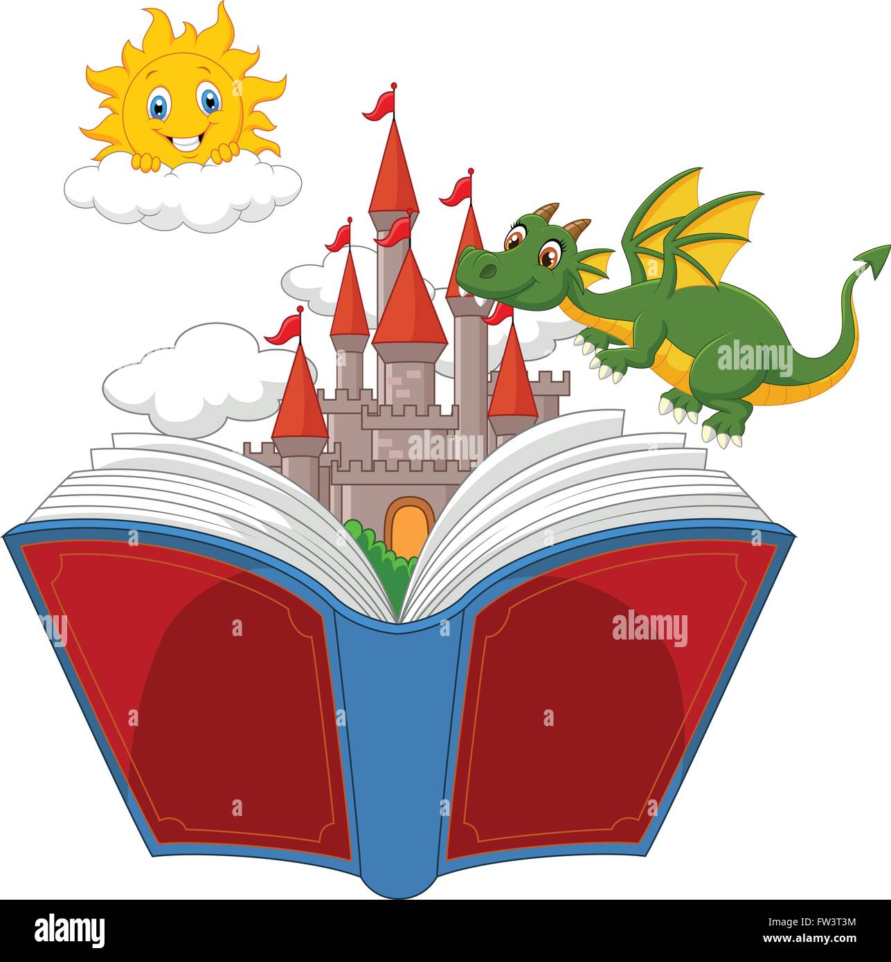 Storia prenota con castello, dragon e sun Illustrazione Vettoriale