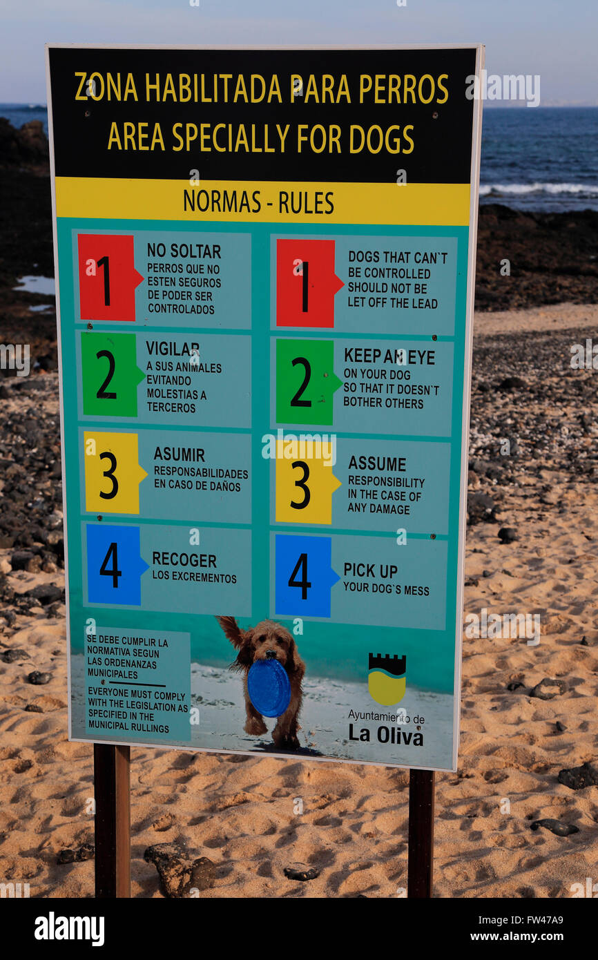 Cartello segnaletico di spiaggia regole per la zona appositamente per cani, Corralejo, Fuerteventura, Isole Canarie, Spagna Foto Stock