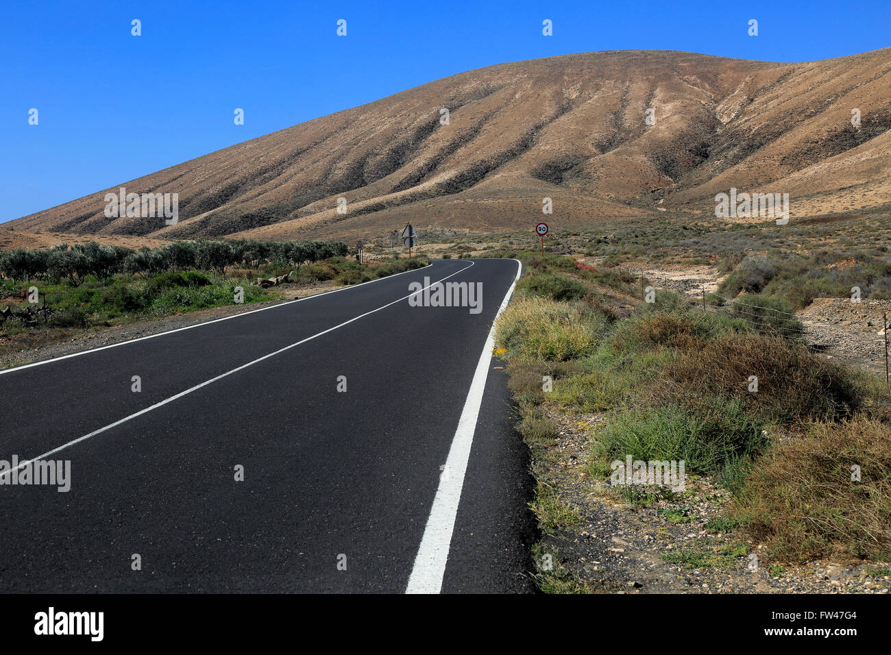 Su strada asfaltata attraversando il deserto, Fuerteventura, vicino a Pajara, Isole Canarie, Spagna Foto Stock