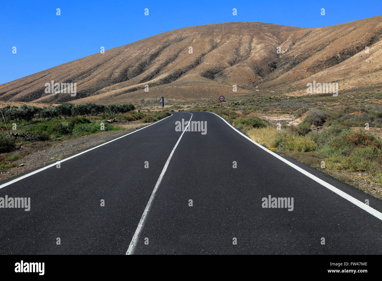Su strada asfaltata attraversando il deserto, Fuerteventura, vicino a Pajara, Isole Canarie, Spagna Foto Stock