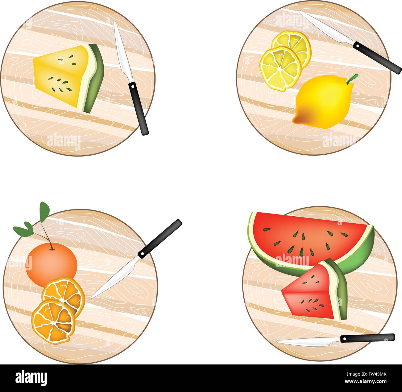 Frutta fresca, rosso cocomero, giallo cocomero, limone e arancio su legno schede di taglio. Illustrazione Vettoriale