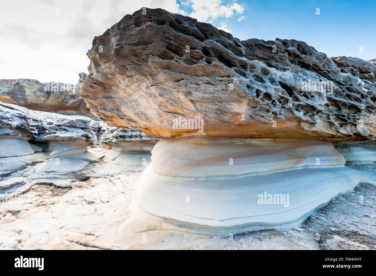Formazioni rocciose erose dal vento e acqua lungo il Bondi a Coogee coastal scogliera a piedi a Sydney's sobborghi Orientali in Australia. Foto Stock