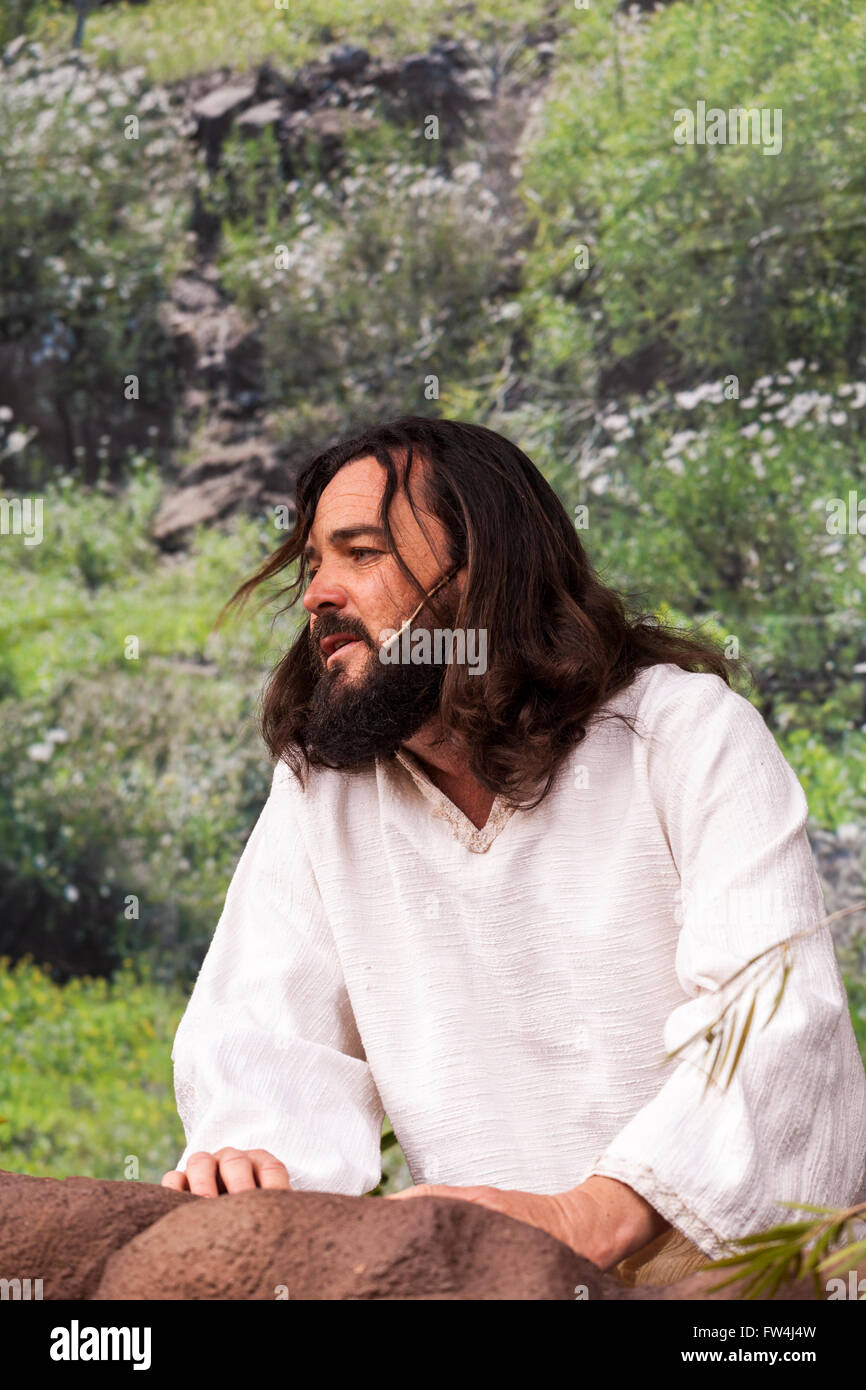 Gesù nel giardino di Gethsamene, Passion Play, Adeje, Tenerife, Isole Canarie, Spagna. Representacion de la Pasion. Adeje. 25 Foto Stock