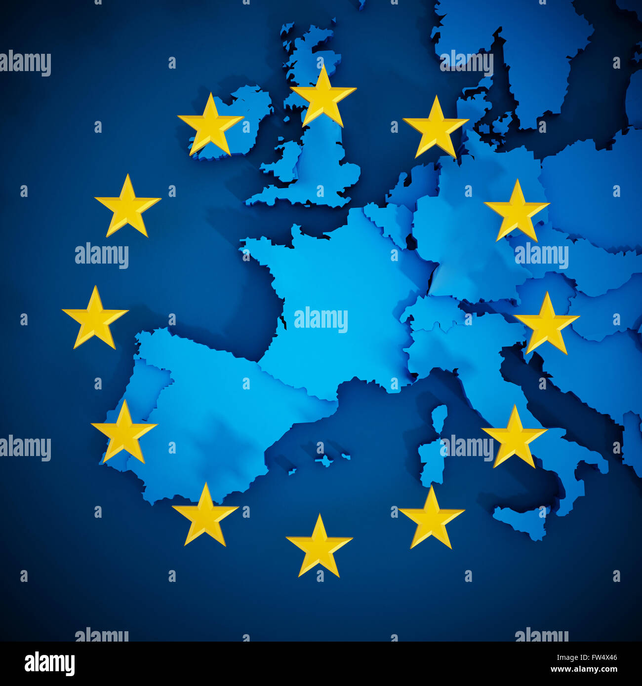 Unione Europea mappa e allineato stelle in cerchio formando una bandiera. Foto Stock