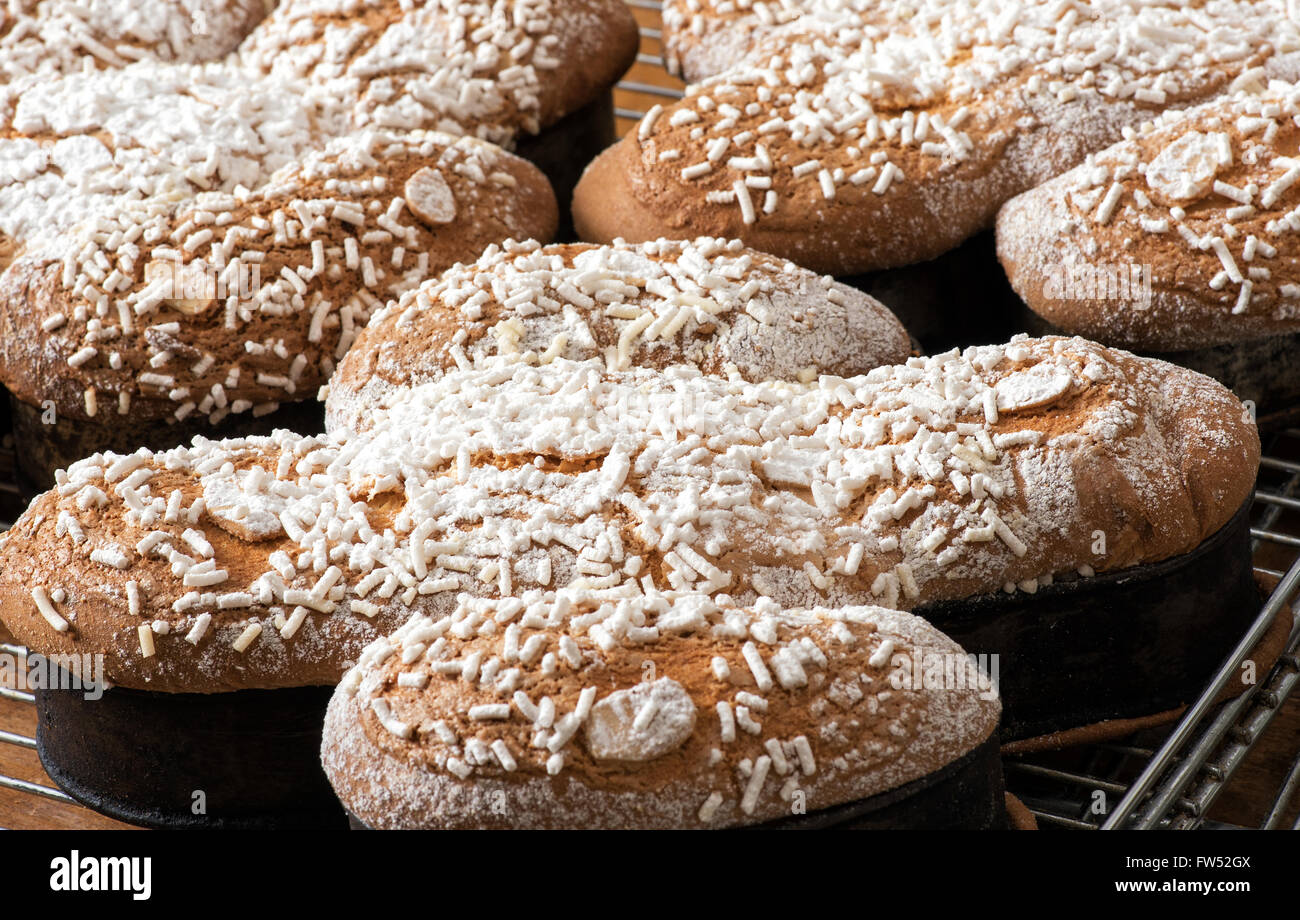 Cotto italiano colomba pasquale dolci con frutta candita formata in forma di colomba di raffreddamento nel loro teglie in una panetteria, c Foto Stock