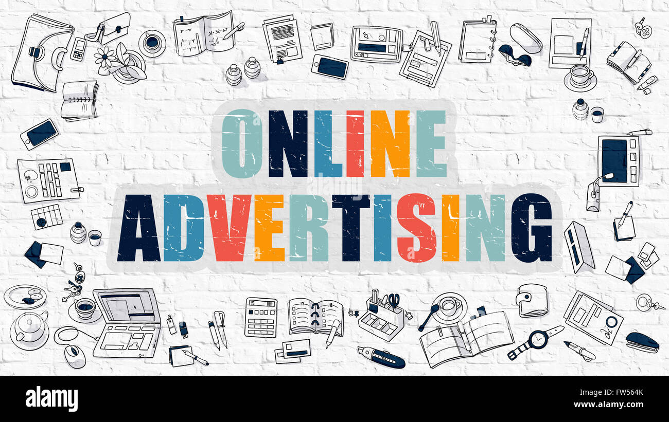 La pubblicità online concetto con Doodle icone del design. Foto Stock