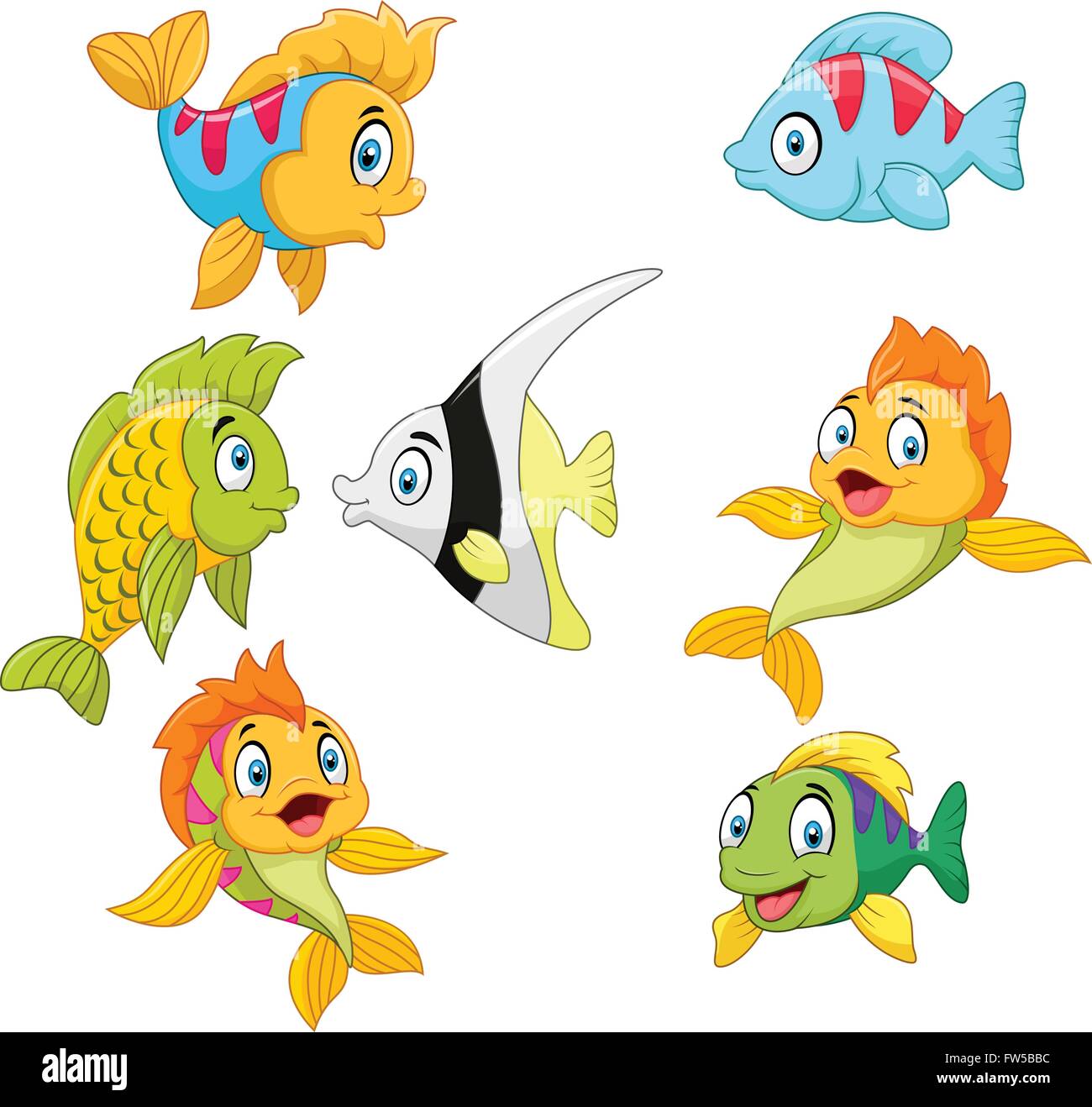 Fumetto di pesce set raccolta isolati su sfondo bianco Illustrazione Vettoriale