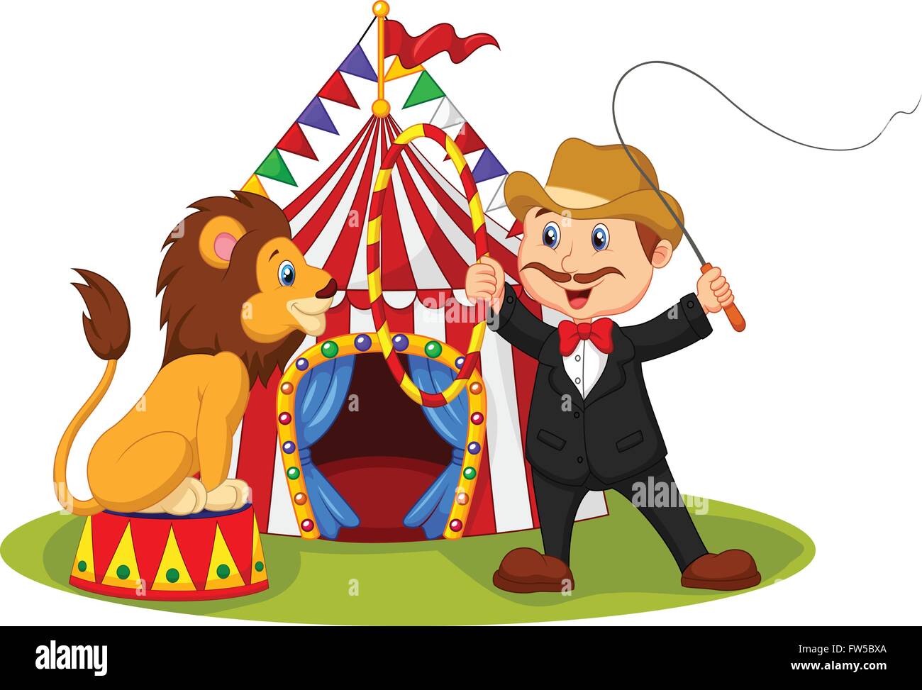 Cartoon tamer treno un leone con sfondo di circo Illustrazione Vettoriale