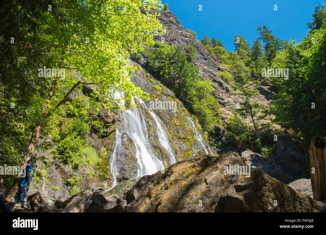 Cascata verdi alberi aria fresca e cielo blu. Foto Stock