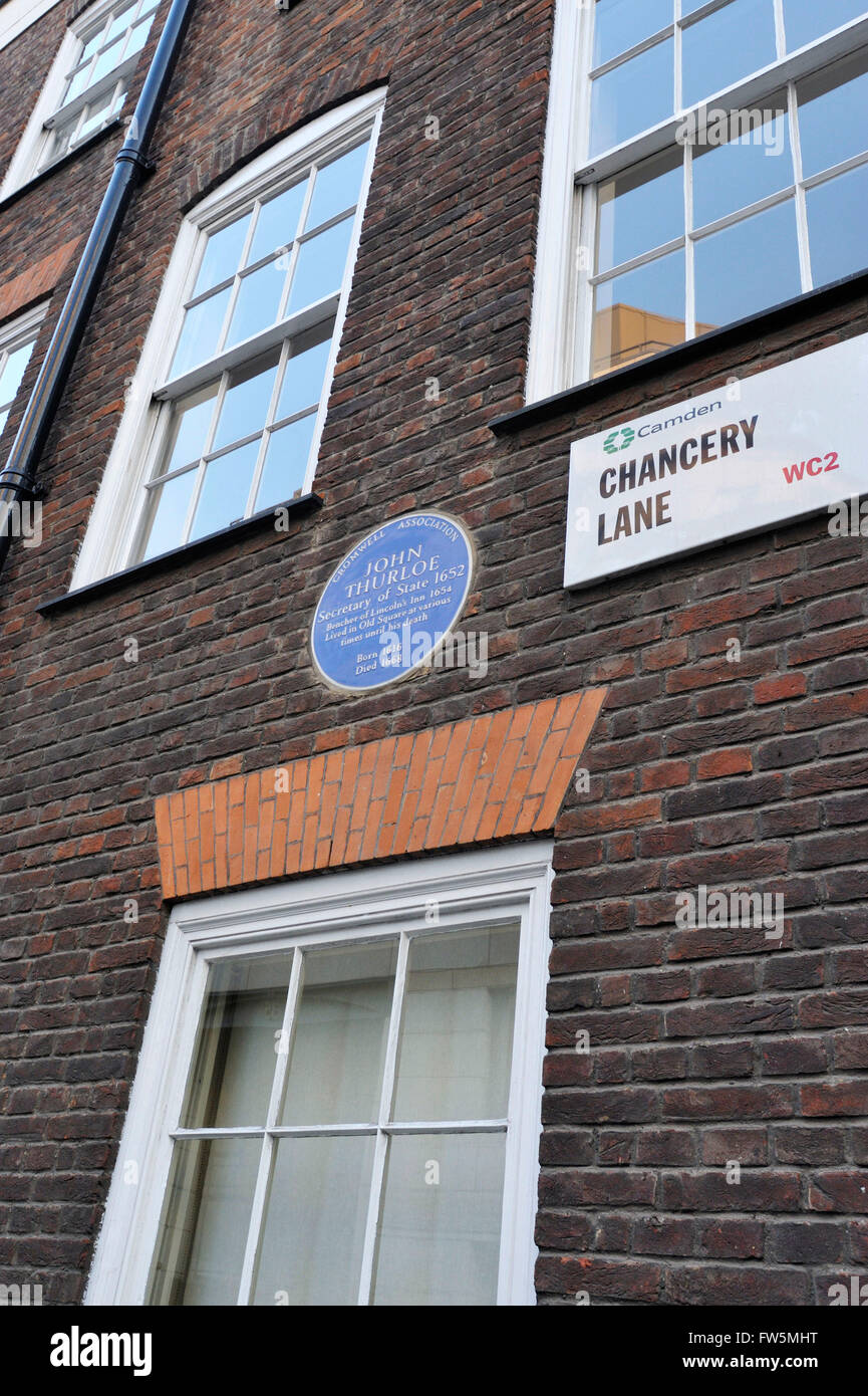 John Thurloe - una lapide commemorativa al di fuori di LINCOLN' S INN, Chancery Lane, Londra, Regno Unito. Segretario del consiglio di stato Foto Stock