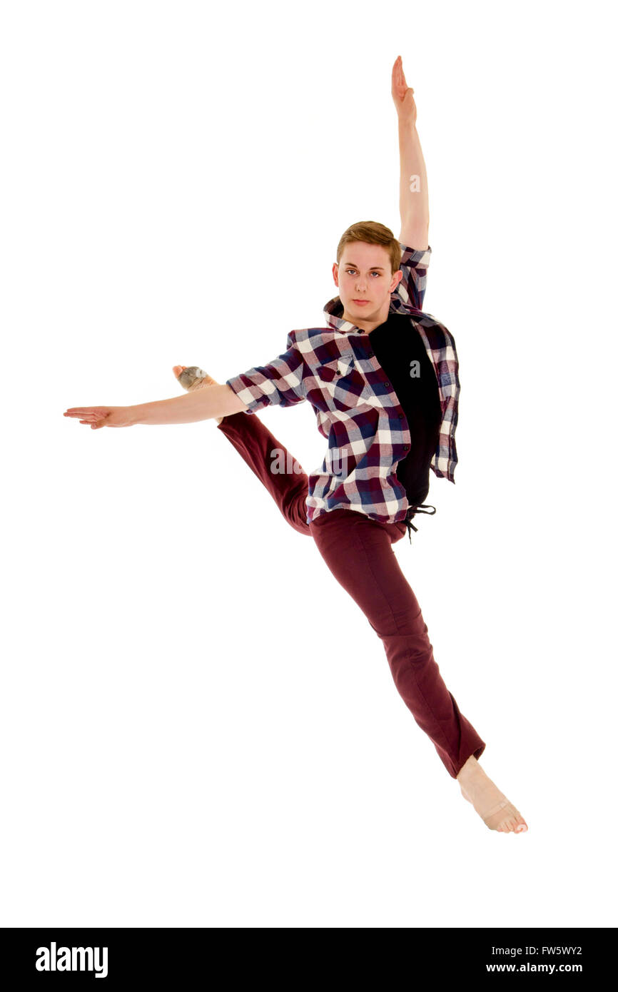 Esperto maschio o lirica contemporanea salti ballerino in un Jete con un po' di atteggiamento Foto Stock