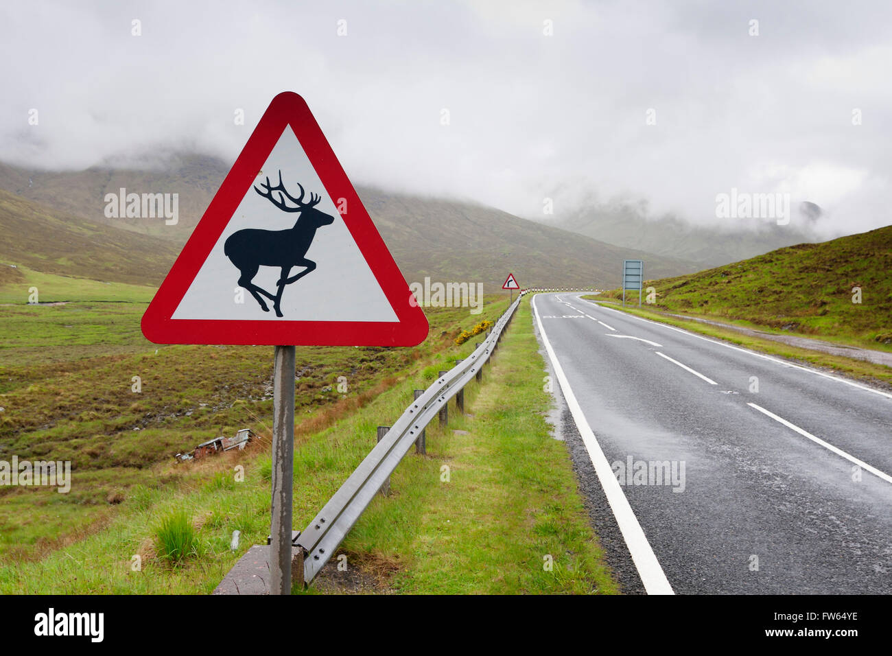 Attenzione attraversamento cervi cartello stradale, su strada con scarsa visibilità, Highlands scozzesi, Scozia Foto Stock