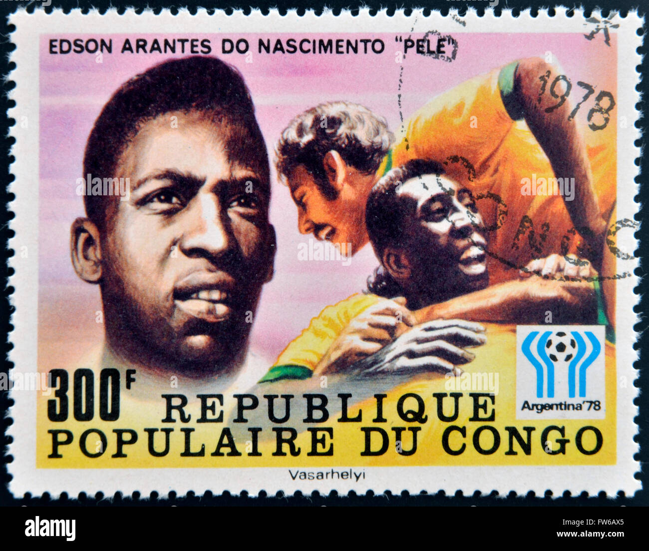 CONGO - circa 1978: timbro stampato in Congo dedicato alla Coppa del Mondo in Argentina 1978, mostra Edson Arantes do Nascimento Pele Foto Stock