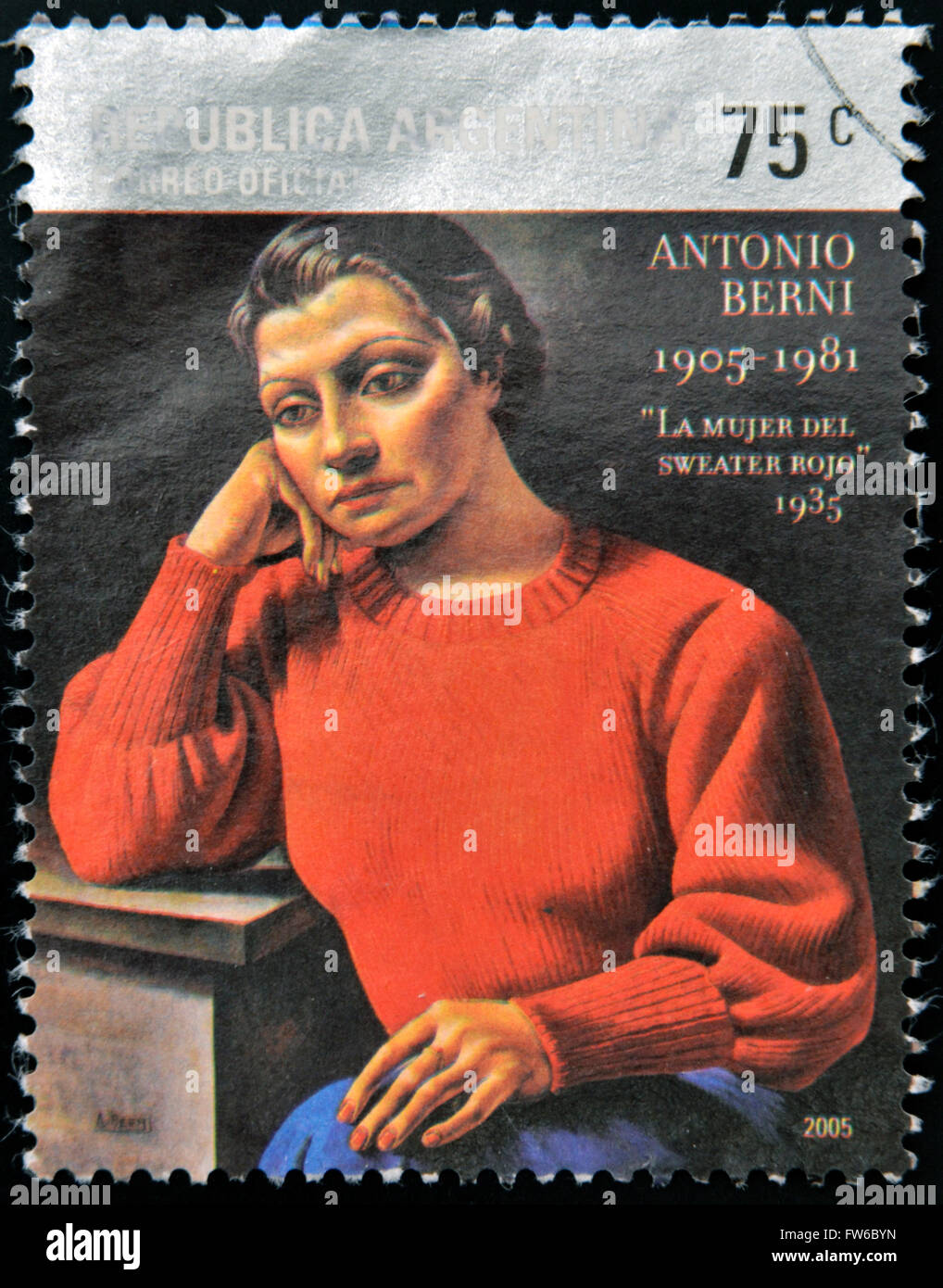 ARGENTINA - CIRCA 2005: un timbro stampato in Argentina mostra la donna del maglione rosso da Antonio Berni, circa 2005 Foto Stock